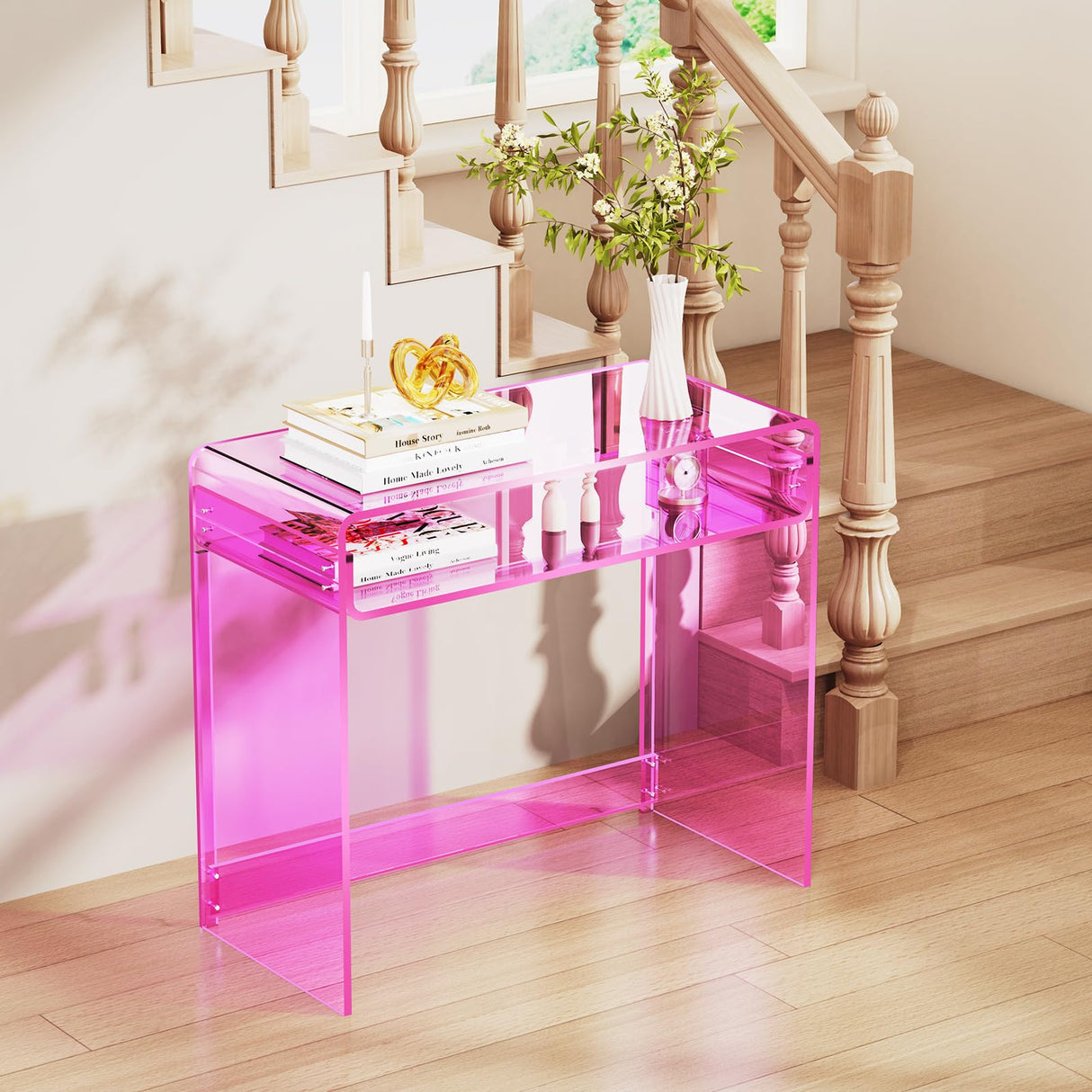 solaround Acrylic Desk Laptop Workstation Study Table Home Office Console Table Entrance Table Decor (Pink) solaround