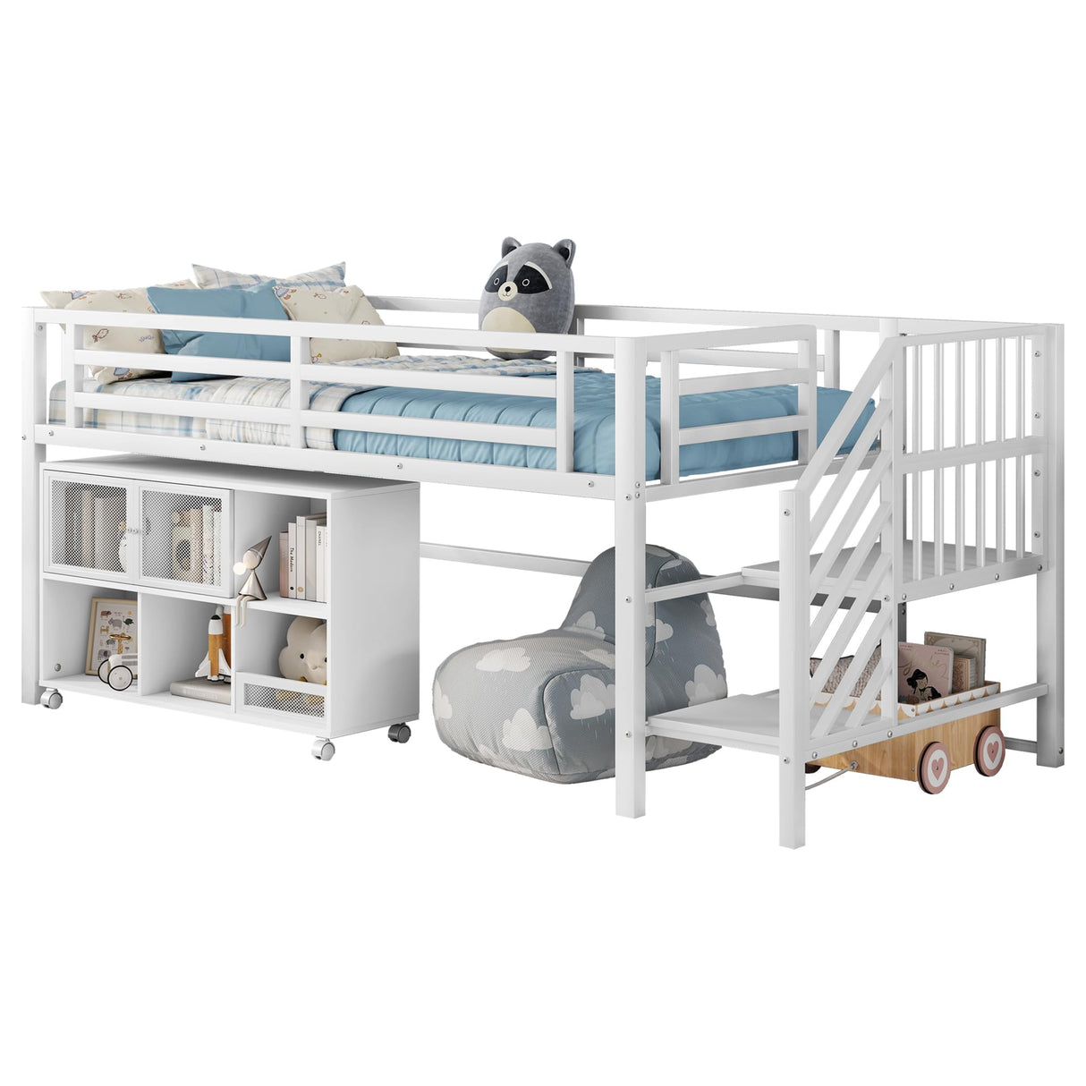 LUMISOL Twin Low Loft Bed with Stairs, Metal Loft Bed with Storage Cubby, No Noise, White LUMISOL