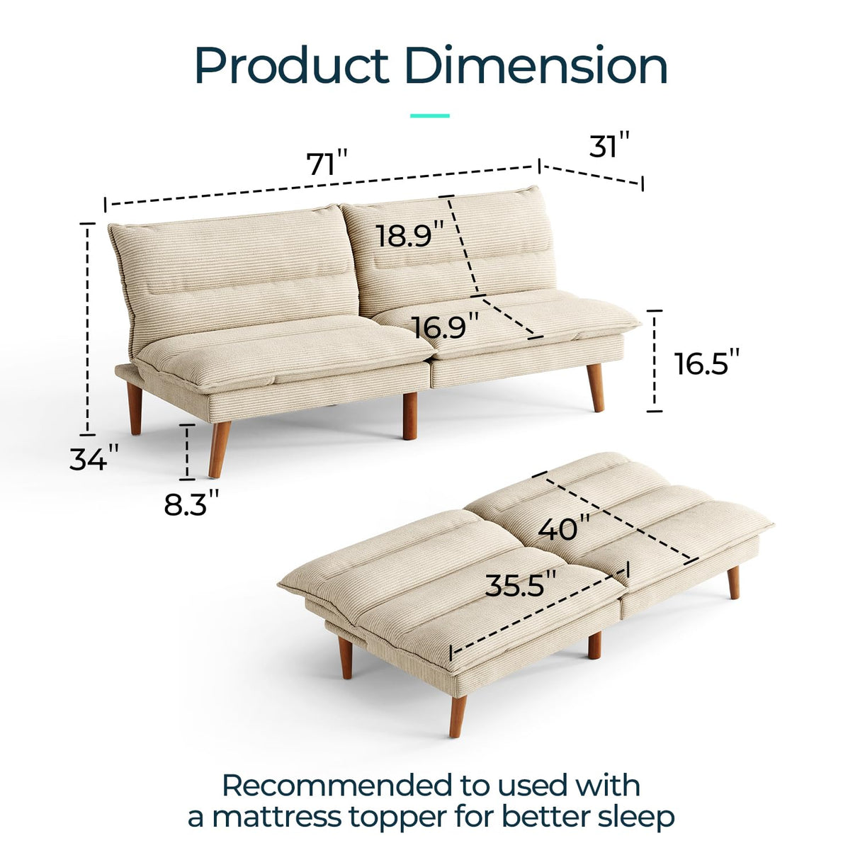 LINSY Futon Sofa Bed: 71 Inch Corduroy Futon Couch with Adjustable Backrest, Convertible Folding Futons Sofa Couches for Small Spaces Living Rooms Apartment Office, Beige LINSY