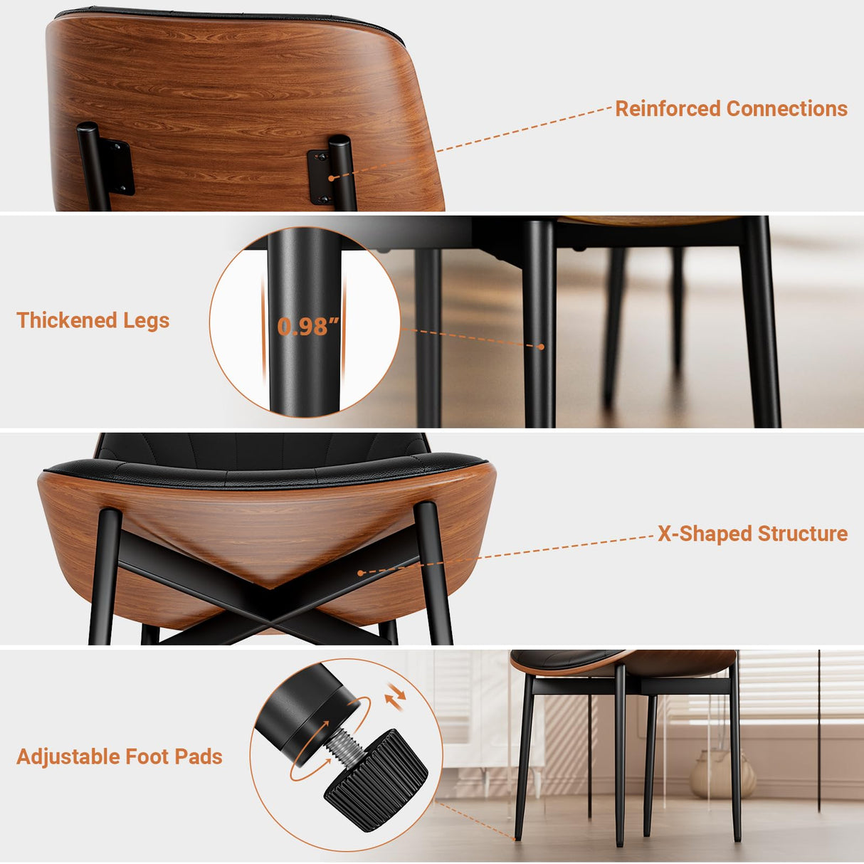 YaFiti Dining Chairs Set of 4, Dining Room and Kitchen Chairs, Mid Century Modern Accent Chair, Upholstered PU Leather Chairs for Vanity with Walnut Bentwood and Metal Legs, Black YaFiti