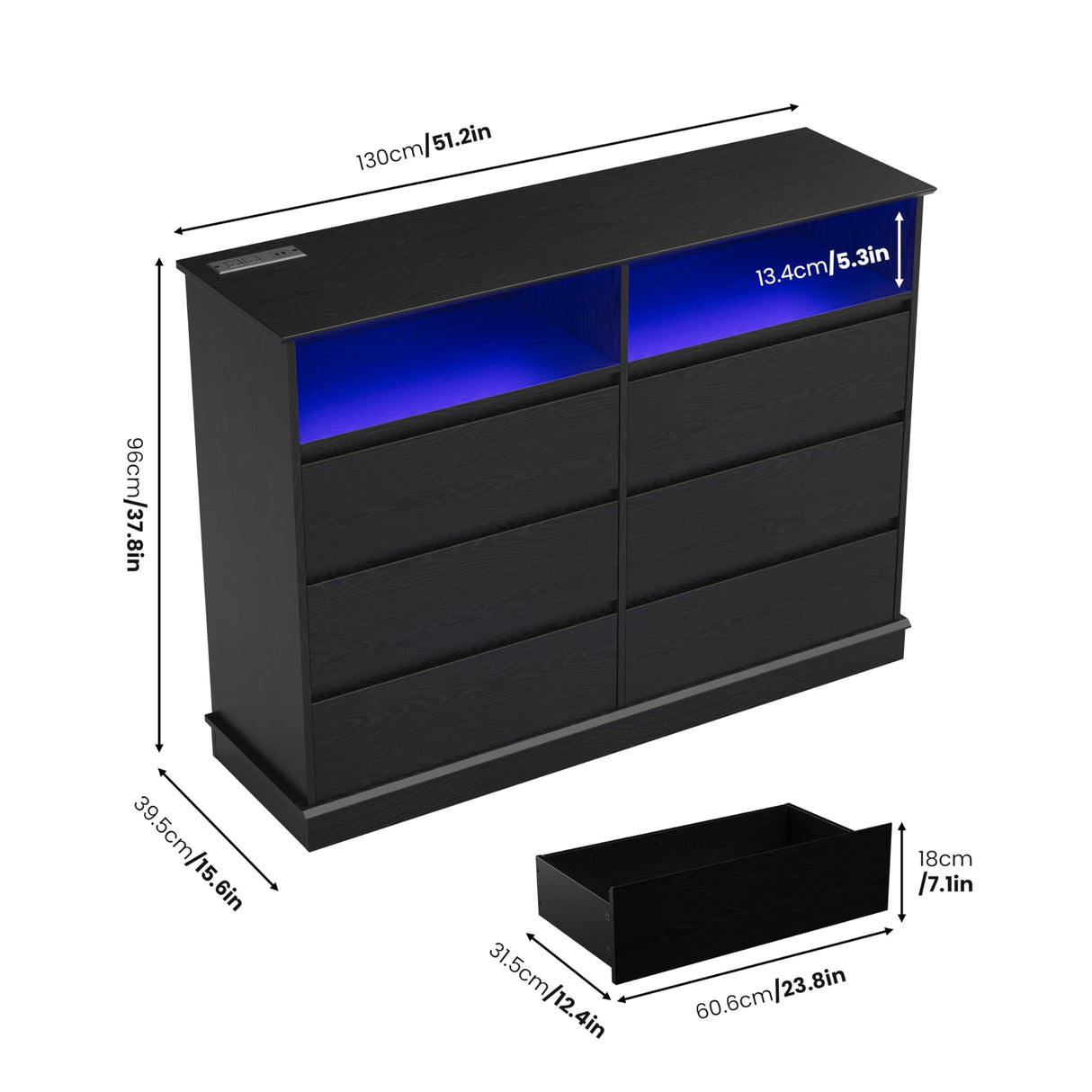 GarveeHome Dresser for Bedroom, 6 Drawer Dresser with LED Lights and Charging Station, Wide Chest of 6 Drawers with Open Space, Modern Large Capacity Storage Cabinet, Living Room, Hallway, Black GarveeHome