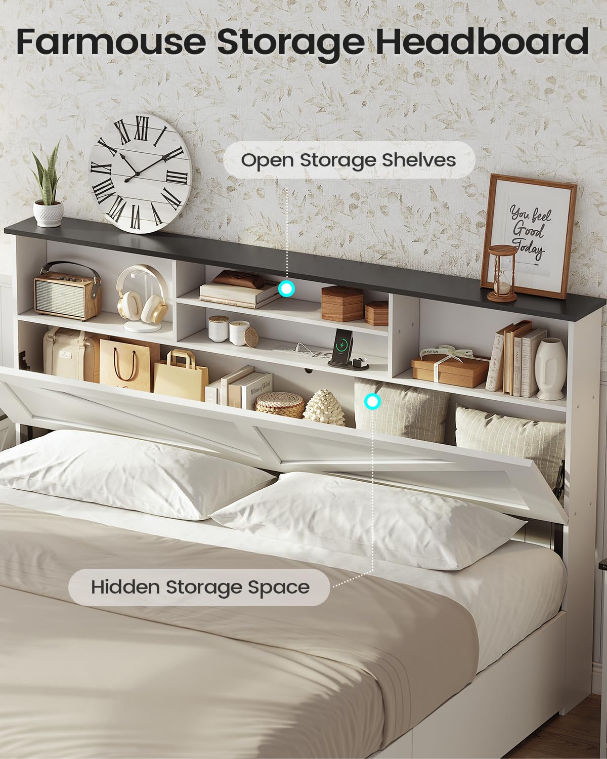 AOGLLATI Farmhouse King Bed Frame Bed Frame with 4 Storage Drawers and Led Lights, Wooden King Bed with Hidden Space Bookcase Headboard and Led Lights, White AOGLLATI