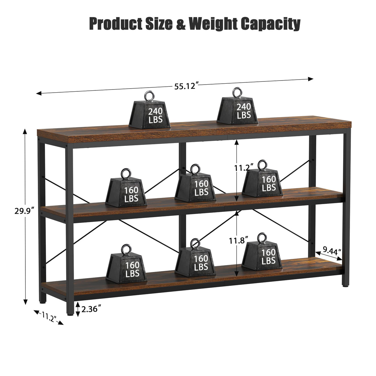 Semoic 3-Tier Industrial Bookshelf, Wide Wood Horizontal Bookcase, Open Large Book Shelf with Metal Frame, Display Rack Shelving Unit, Storage Organizer for Living Room, Bedroom & Study, Brown Semoic