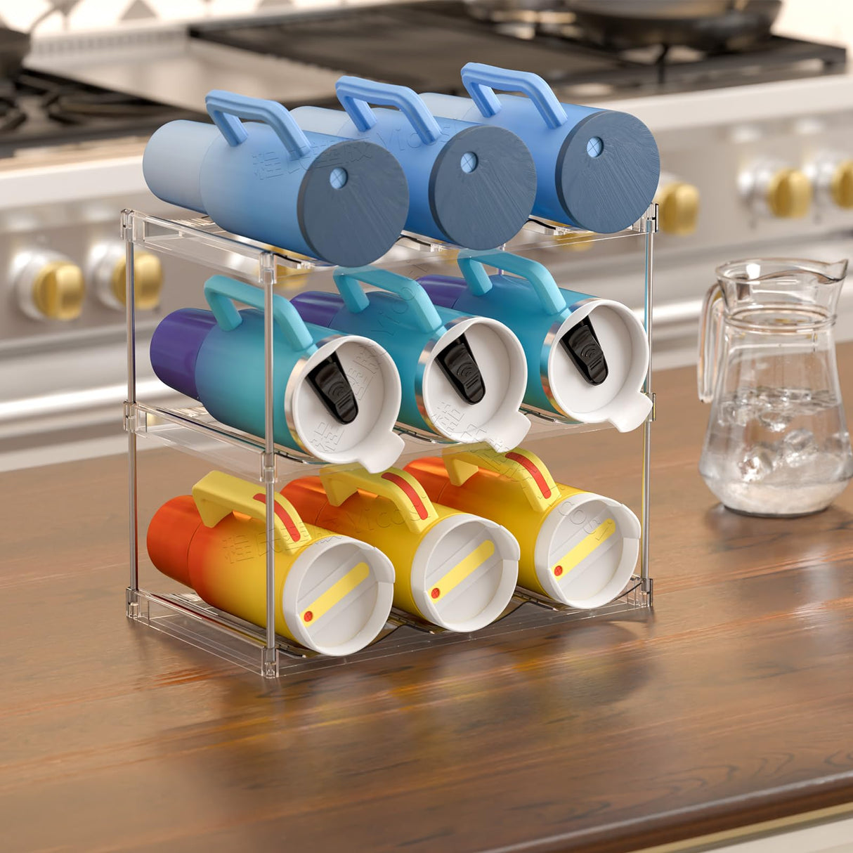 Yieach 4 PCS Stackable Water Bottle Organizer for Cabinet,4.7" W X5.3"H Great for Stanley Yeti Bottle and Other Tumbler Organizer for Kitchen Cabinets,Clear Stackable Water Bottle Holder and Wine Rack Yieach