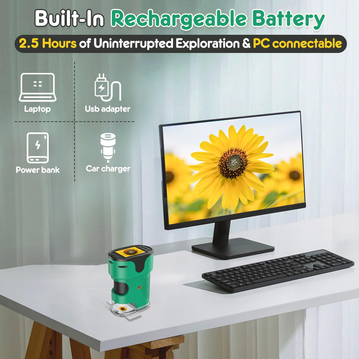 1000X Handheld Microscope for Kids 4K 2.0" Screen Rechargeable Mini Pocket Digital Microscopes w/Slides Kit Portable Edu Gift Age 4-6 8-12 Children Students (Green) BEBANG