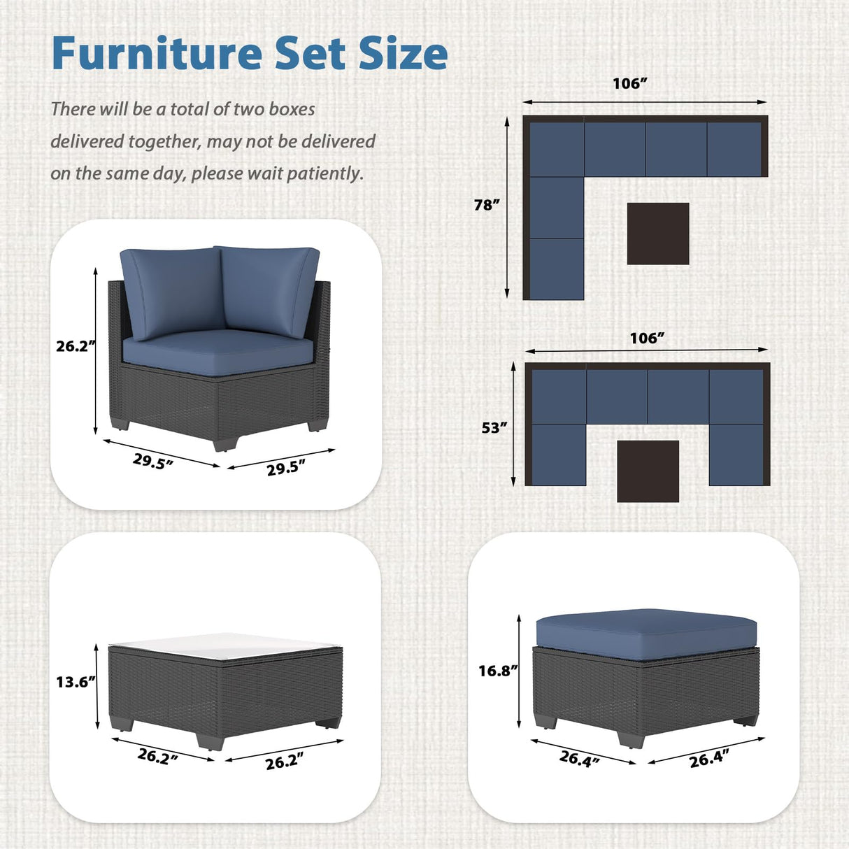AECOJOY 7 Piece Outdoor Patio Furniture Set, Outdoor Sectional Conversation Furniture Chair with Coffee Table, Patio Sectional for Backyard, Garden(Navy Cushions and Black Rattan) AECOJOY