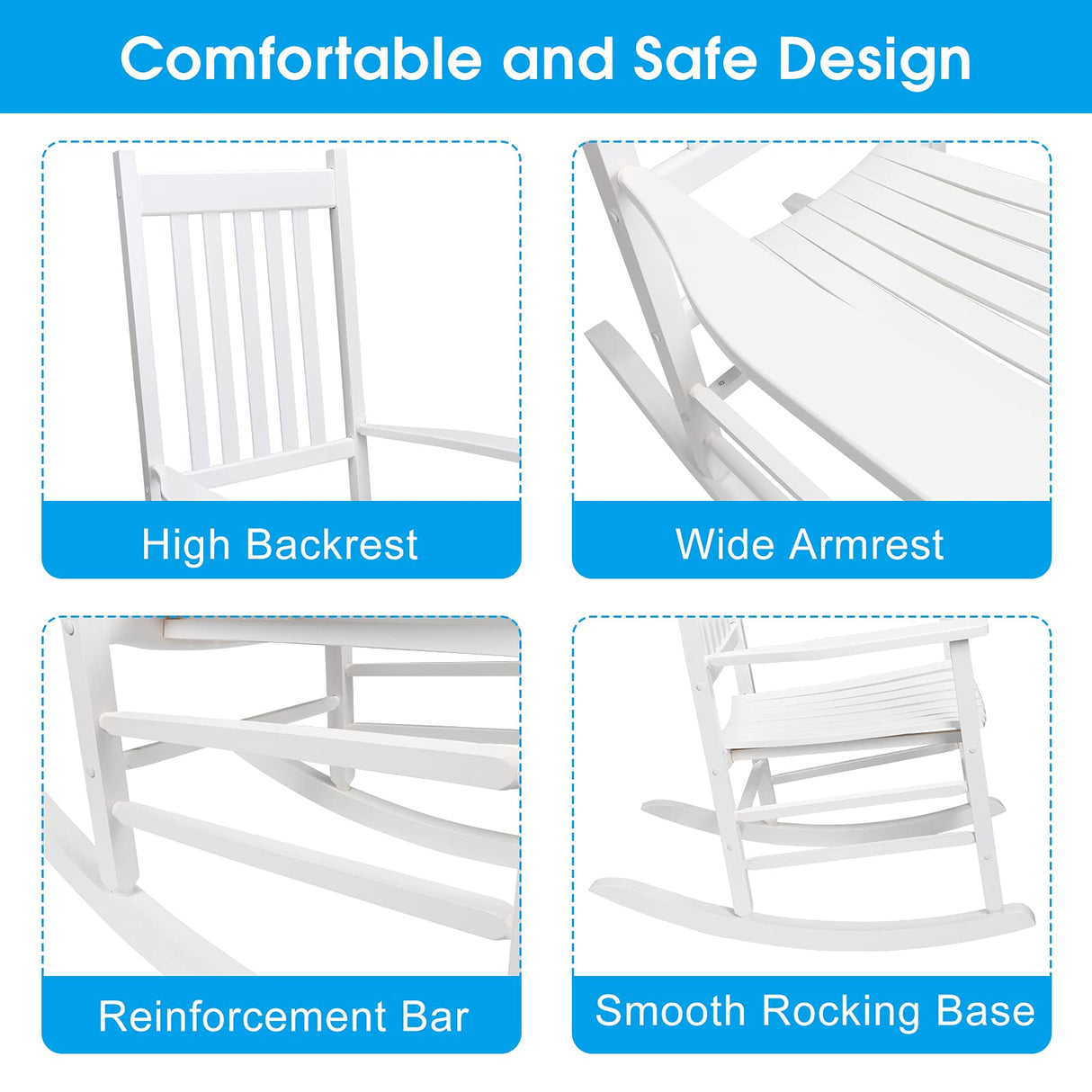 GnL Recsports Patio Rocking Chair, Outdoor Rocking Chair, Wood Porch Rocker, Wooden Rocking Chair for Adult for Garden, Lawn, Balcony, Backyard and Patio (1 White) GnL Recsports