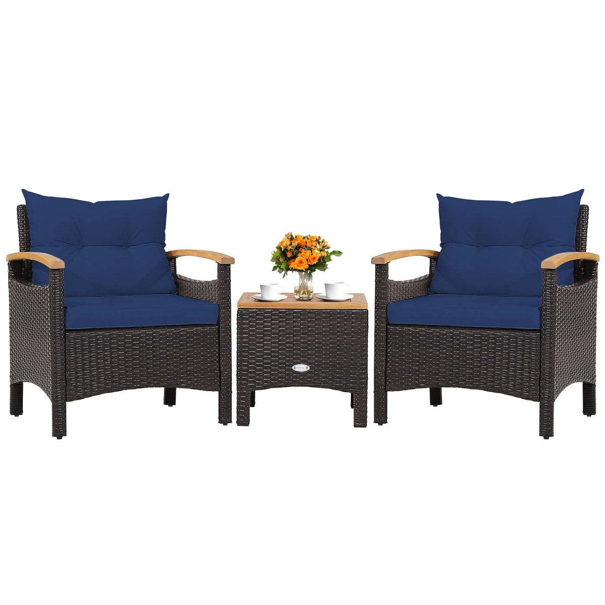 KOTEK 3 Piece Patio Furniture Set, Outdoor Conversation Set with Removable Cushions, Acacia Wood Tabletop and Armrests, PE Rattan Wicker Bistro Set for Porch, Balcony, Backyard (Navy Blue) KOTEK
