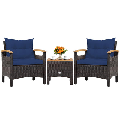 KOTEK 3 Piece Patio Furniture Set, Outdoor Conversation Set with Removable Cushions, Acacia Wood Tabletop and Armrests, PE Rattan Wicker Bistro Set for Porch, Balcony, Backyard (Navy Blue)