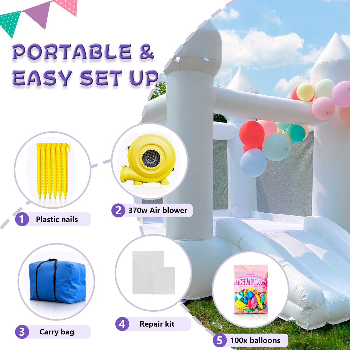 iLink-outer White Bounce House Indoor Outdoor Bouncy Castle for Kids 2-8 Oxford Toddler Bounce House with Slide Balloon & Blower,103 x 71 x 90 inch,Children's Birthday Party Easter Party Gifts iLink-outer