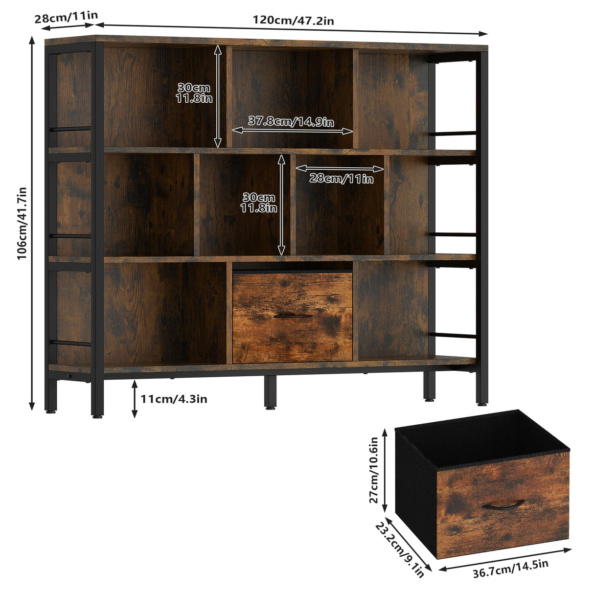 Winkalon Bookshelf, 10 Cube Bookshelf with Canvas Drawer, 3 Tier Wide Bookcase with Adjustable Legs, Metal Bookshelf with Open Stoage for Bedroom, Living Room, Office Winkalon