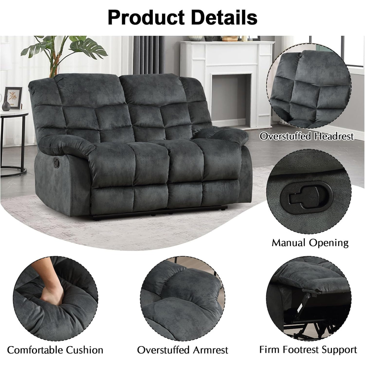 CANMOV Manual Loveseat Recliner, 2 Seat Recliner Sofa Chair with Armrest and Overstuffed Backrest, Couch Set for Living Room, Bedroom, Office, Grey CANMOV