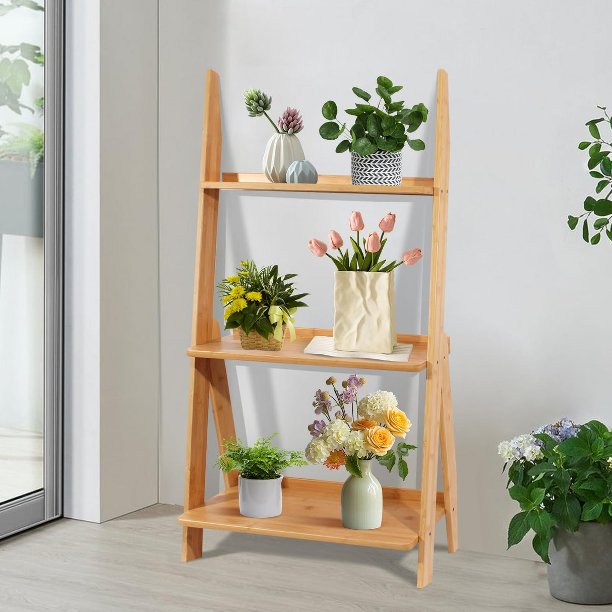 Maydear Bamboo Ladder Shelf Bookcase, 3-Tier Leaning Bookshelf Free Standing Organizer Storage Shelves for Living Room, Bedroom, Kitchen, Home Office, Balcony Maydear