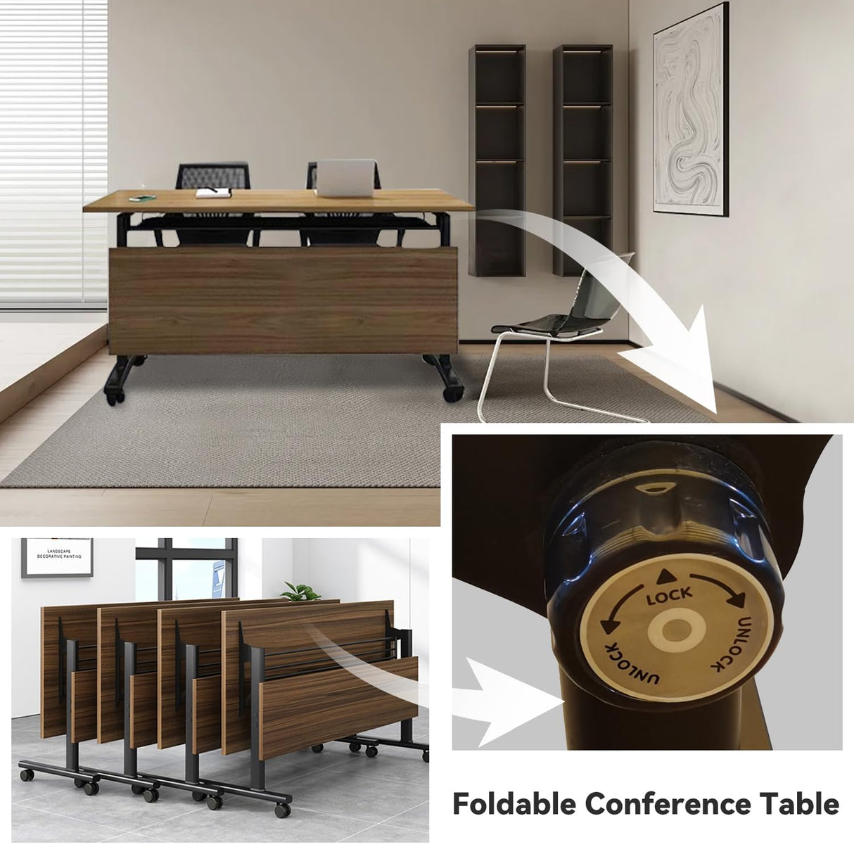 Folding Conference Table,Super Sturdy Large Rectangle Meeting Seminar Table for 12 Person,Mobile Conference Room Tables with Wheels,Modular Long Business Training Tables,Modern Office Seminar Tables VORDERRY