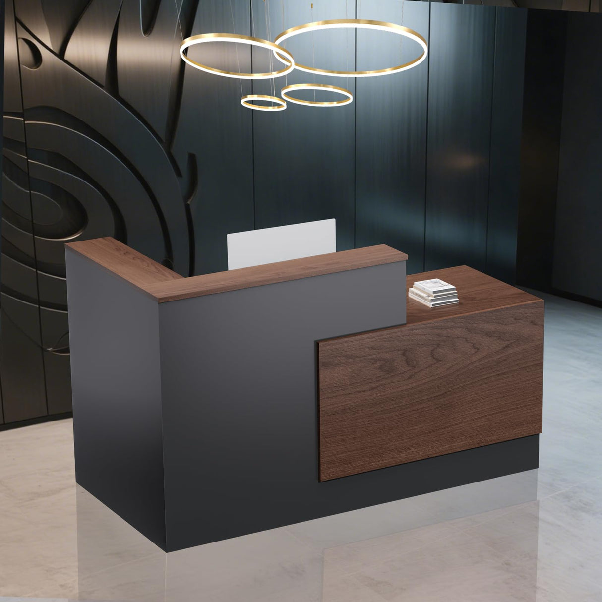 L-Shaped Large Wooden Reception Desk, Modern Front Desk Reception Counter with Lockable Drawers & Storage & Keyboard Tray, for Checkout, Lobby (Left-Walnut/Black, 71''L x 42''W x 41''H) Yorkgargen