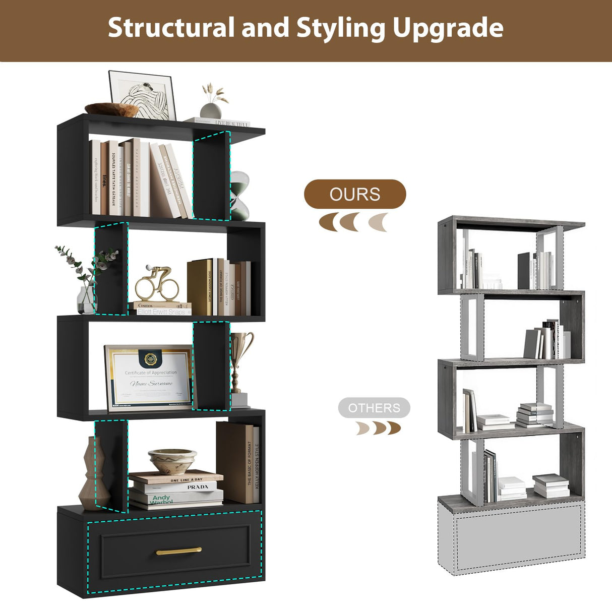 5-Tier Bookshelf, 59” Tall S Shaped Bookcase with Drawer, Freestanding Room Divider with Anti-Tipping Device, Wood Geometric Open Storage Display Shelf for Living Room,Study Room,Home Office(Black) HOTLUU