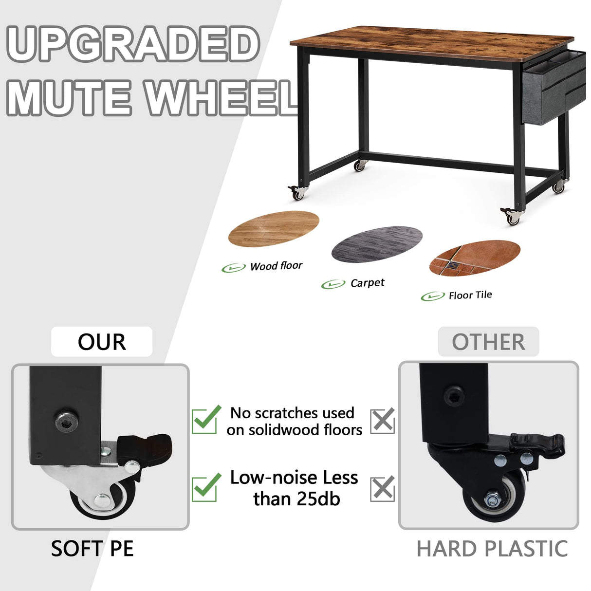 AHB 47" Rolling Computer Desk with 4 Smooth Wheels and 3 Iron Hooks, Simple Style Mobile Writing Desk Home Office Study Table Movable Workstation with Metal Frame AHB