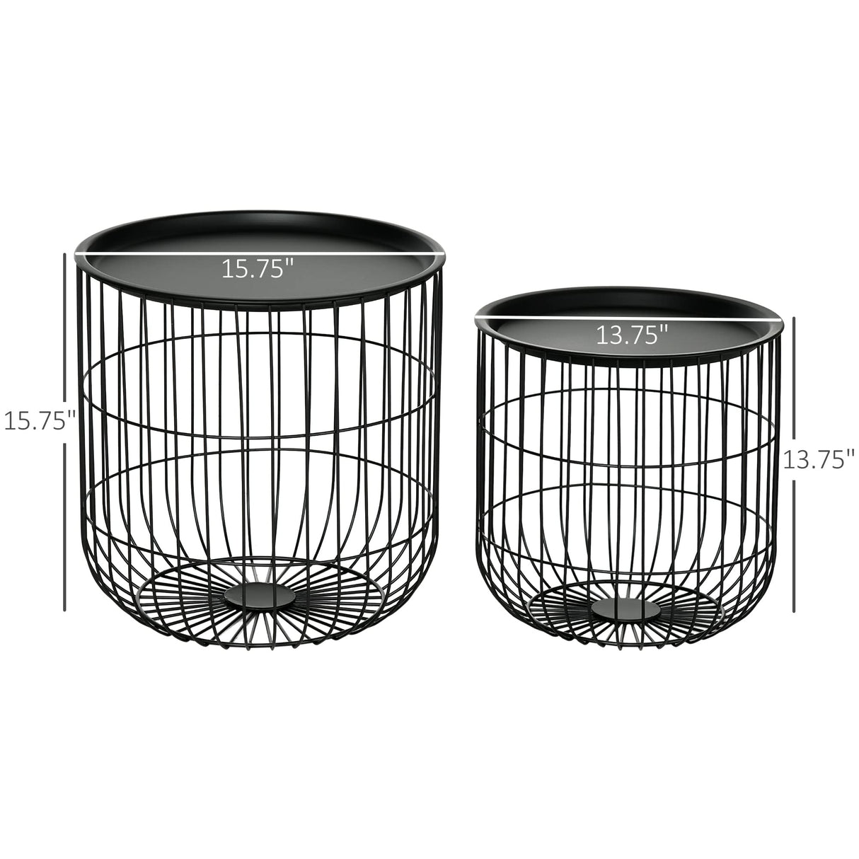 HOMCOM Nesting Coffee Tables, Round Coffee Table Set of 2 with Steel Wired Basket Body and Removable Top, Stacking End Tables Blanket Storage for Living Room, Black HOMCOM