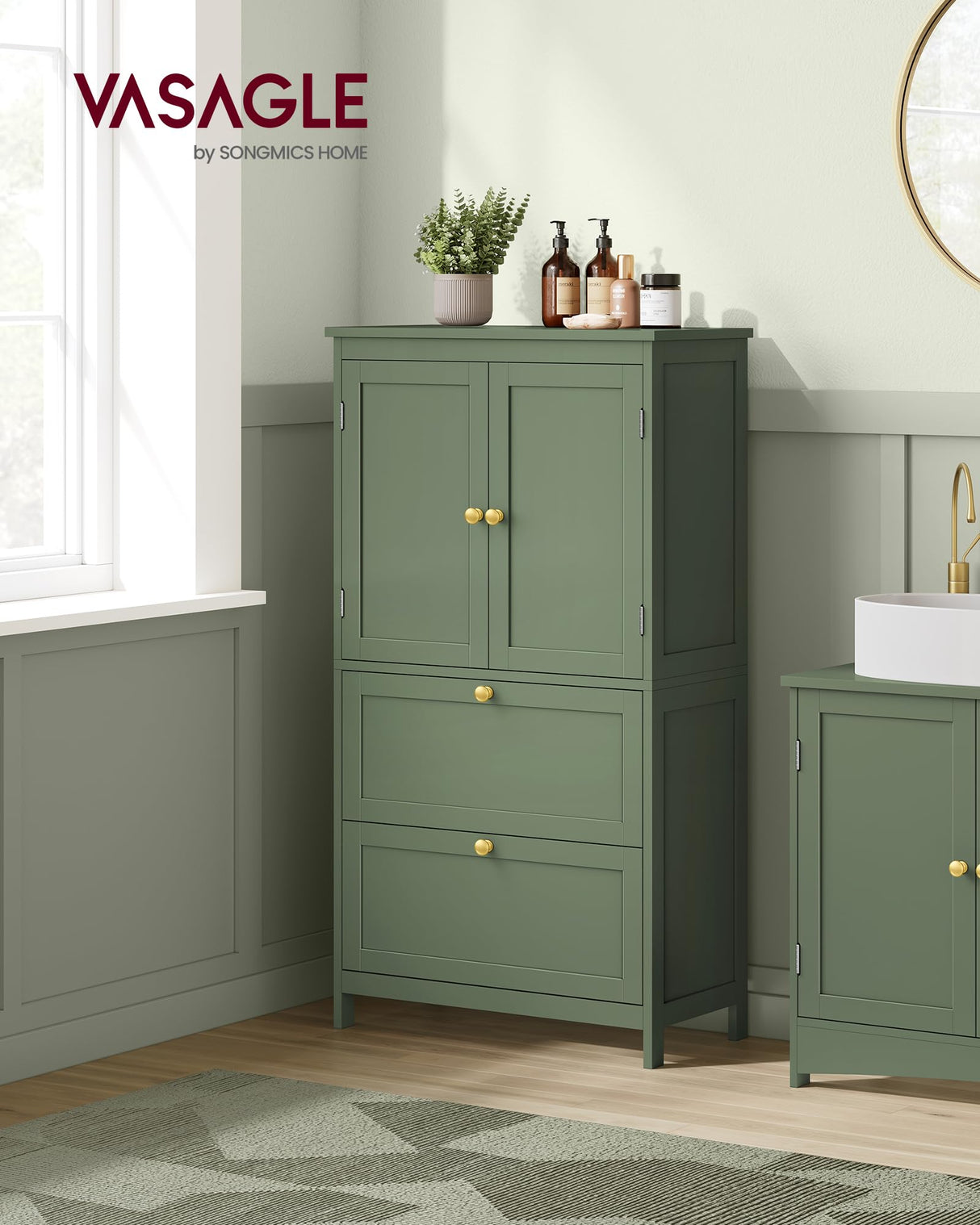 VASAGLE Bathroom Floor Storage Cabinet, Bathroom Storage Unit, Freestanding Cabinet with 2 Drawers and 2 Doors, Adjustable Shelf, 11.8 x 23.6 x 43.3 Inches, Forest Green UBBC551C01 VASAGLE