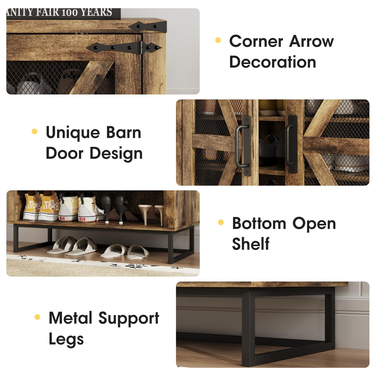 Maupvit Farmhouse Shoe Cabinet with Doors, 6-Tier Shoes Rack Shoe Storage Organizer with Adjustable Shelves & Metal Legs, Rustic Shoe Storage Cabinet for Entryway, Hallway, Closet, Living Room Maupvit