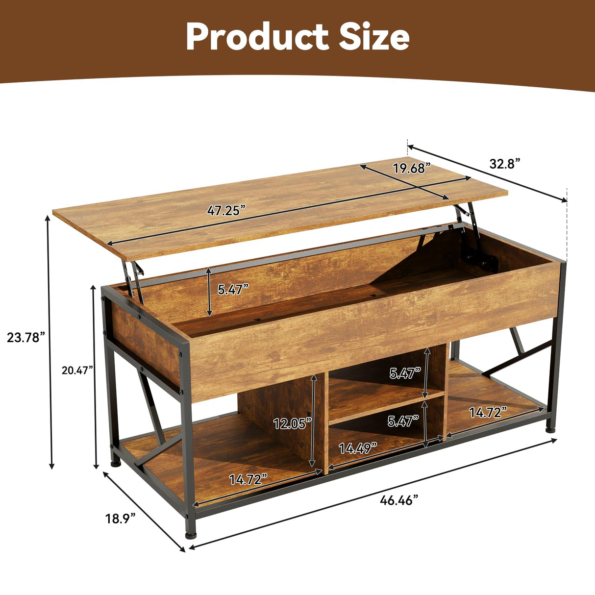 Coffee Tables for Living Room, 47.2 inches Lift Top Coffee Table with Storage, Farmhouse Modern Rustic Brown Living Room Tables EDWINENE