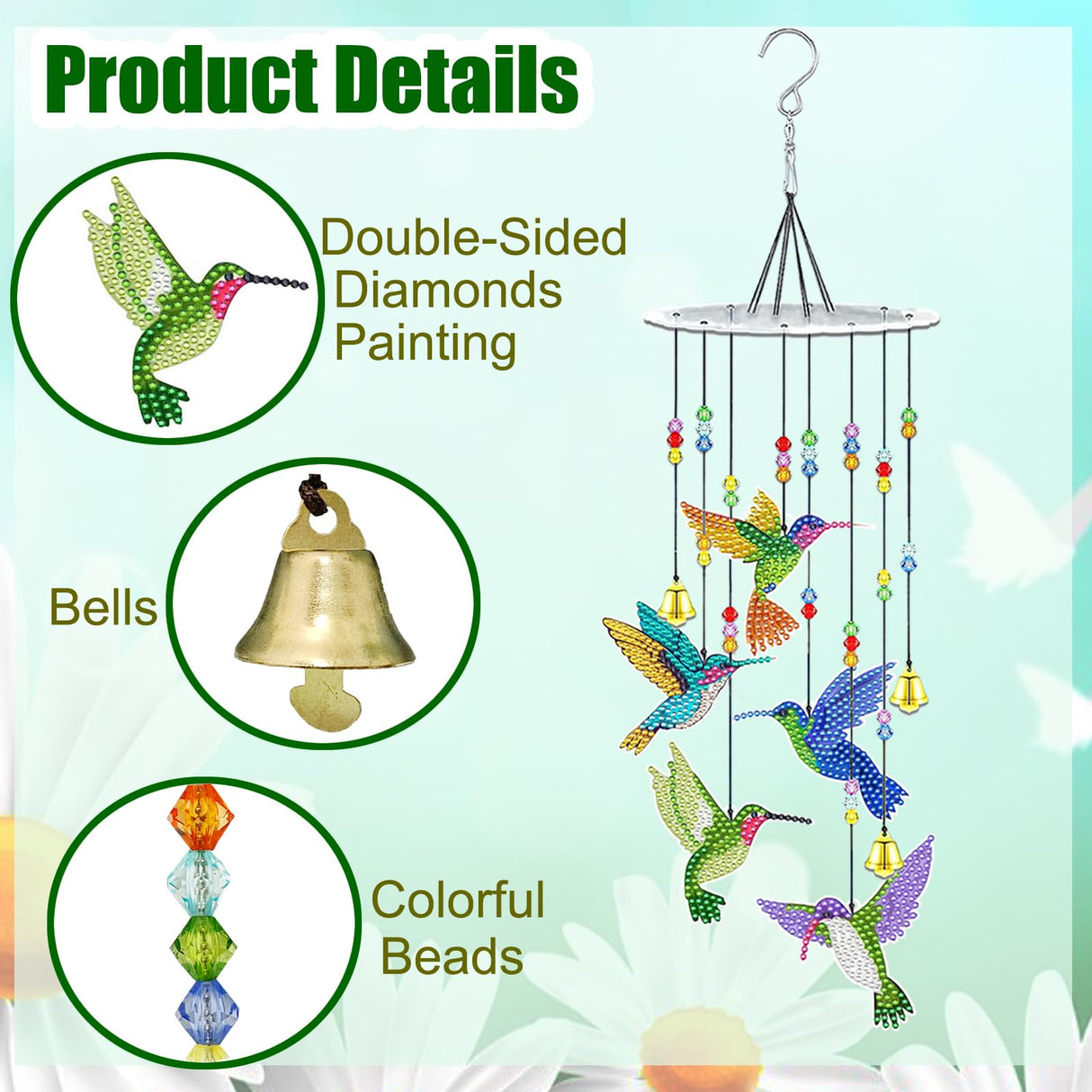 JeCuiK Hummingbird Diamond Painting Wind Chimes Double Side DIY Diamond Art Kits for Adults Diamond Painting Kits Wind Chimes 3D Diamond Art Suncatchers Hanging Ornament Crafts for Garden Decor JeCuiK