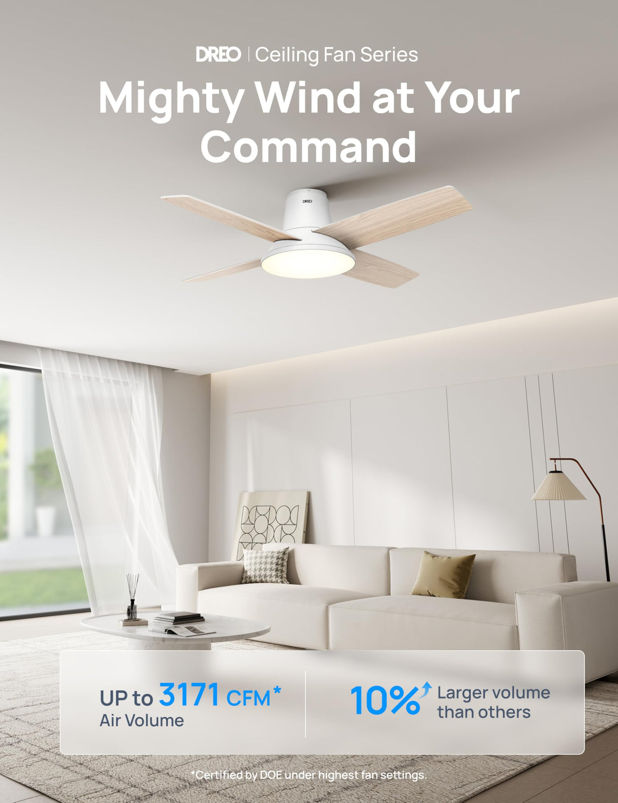 Dreo Ceiling Fans with Lights, 12 Speeds & 3 Fan Modes, Quiet DC Motor, Low Profile Easy to Install, Flush Mount Smart Ceiling Fan with Dimmable LED, 12H Timer for Bedroom, Remote, White, 44'' Dreo
