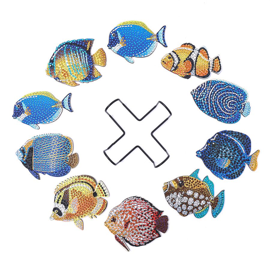 WFJ 10 Pcs Sea Fish Diamond Art Paintings Coasters Kits with Holder, Diamond Painting Coasters Set - Diamond Dots Craft WFJ