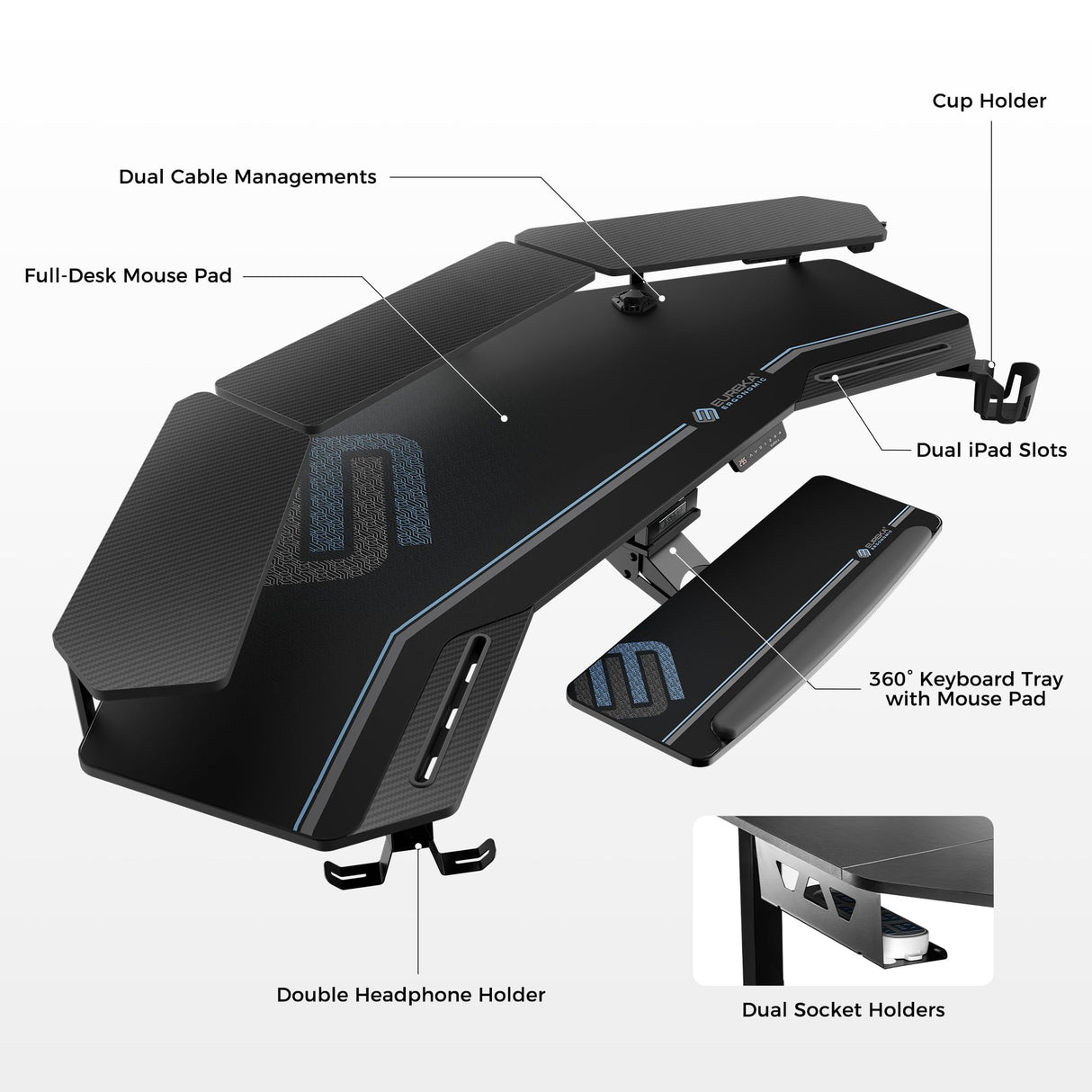 EUREKA ERGONOMIC Gaming Desk, Standing Desk Keyboard Tray, 72" Wing Shaped Music Studio Desk Electric Adjustable Height Desk Sit Stand Desk with LED Shelves, Gaming Recording Live Stream, Slot Design EUREKA ERGONOMIC