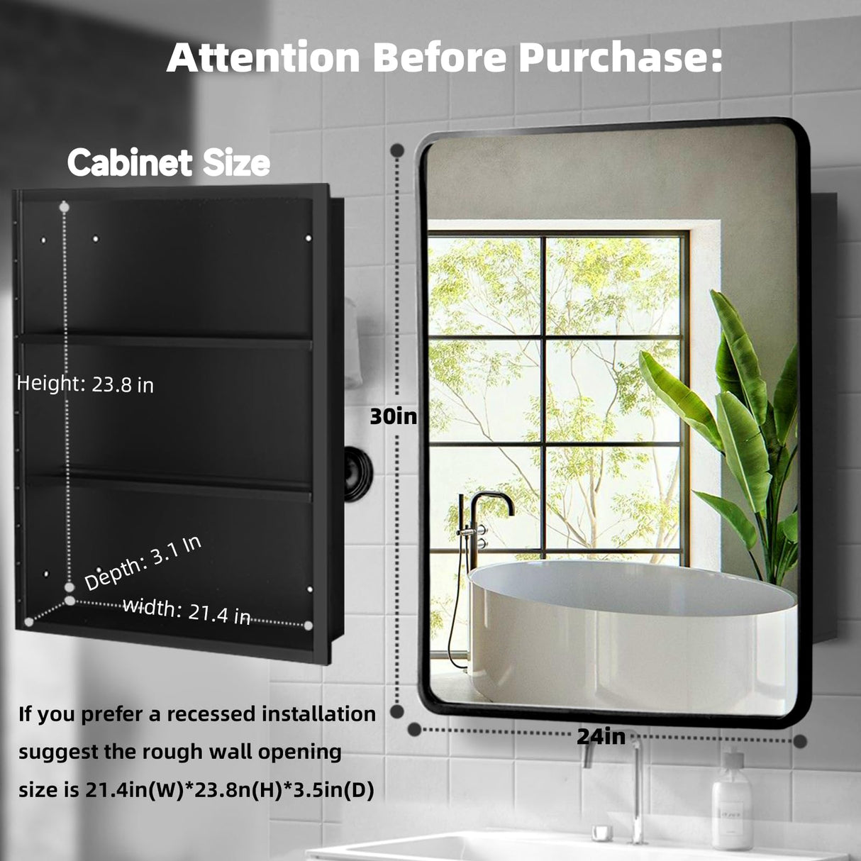 Movo 24 Inch x 30 Inch Black Metal Framed Bathroom Mirror Medicine Cabinet Rectangle Tilting Beveled Vanity Mirrors Recess or Surface Mount Installation Movo