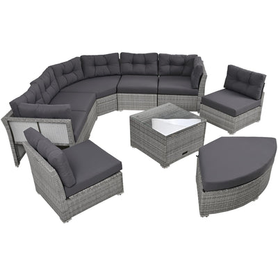 NCKMYB Half Moon Patio Furniture Set 9 Pieces - Outdoor Modular Couch Rattan Daybed Sectional with Tempered Glass Table, Weather-Resistant Iron Frame & Cushions - Grey