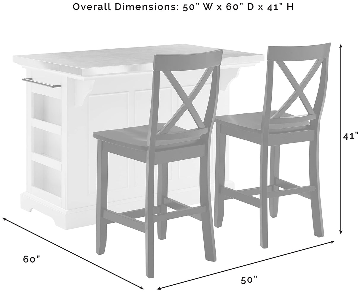 Crosley Furniture Julia Stainless Steel Top Island with Storage, Coffee Bar, and a Set of 2 X-Back Stools, White Crosley Furniture