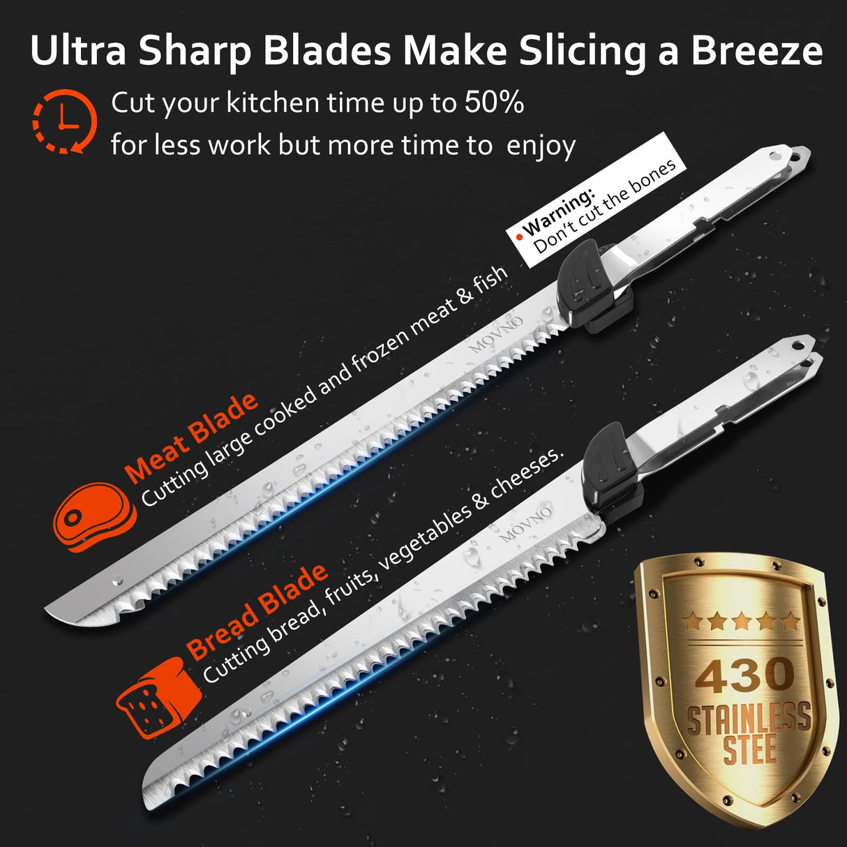 MOVNO Electric Knife for meat slicing, Carving Turkey, Bread, Poultry, Fillet, Crafting Foam and More, 2 Reciprocating Serrated Stainless Steel Blades, Ergonomic Handle, 60 inch Cord MOVNO