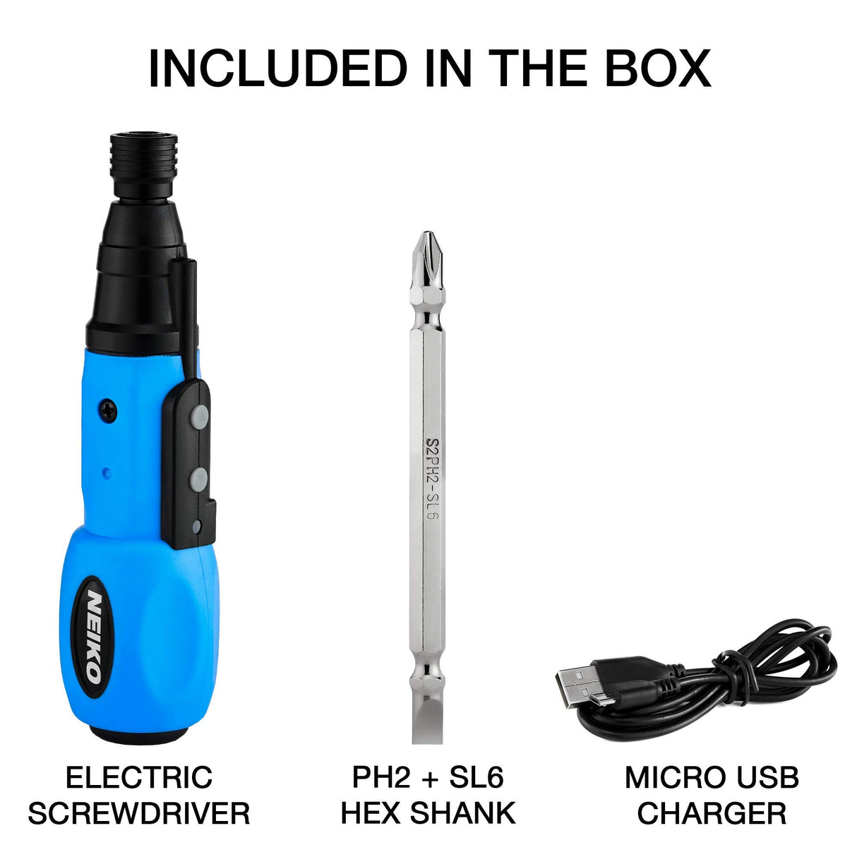 NEIKO 10577A Cordless Power Screwdriver | 1/4” Hex Auto-Lock Safety Chuck | Includes Phillips and Flathead Bit | USB Rechargeable Lithium-Ion Technology | Auto and Manual Mode NEIKO