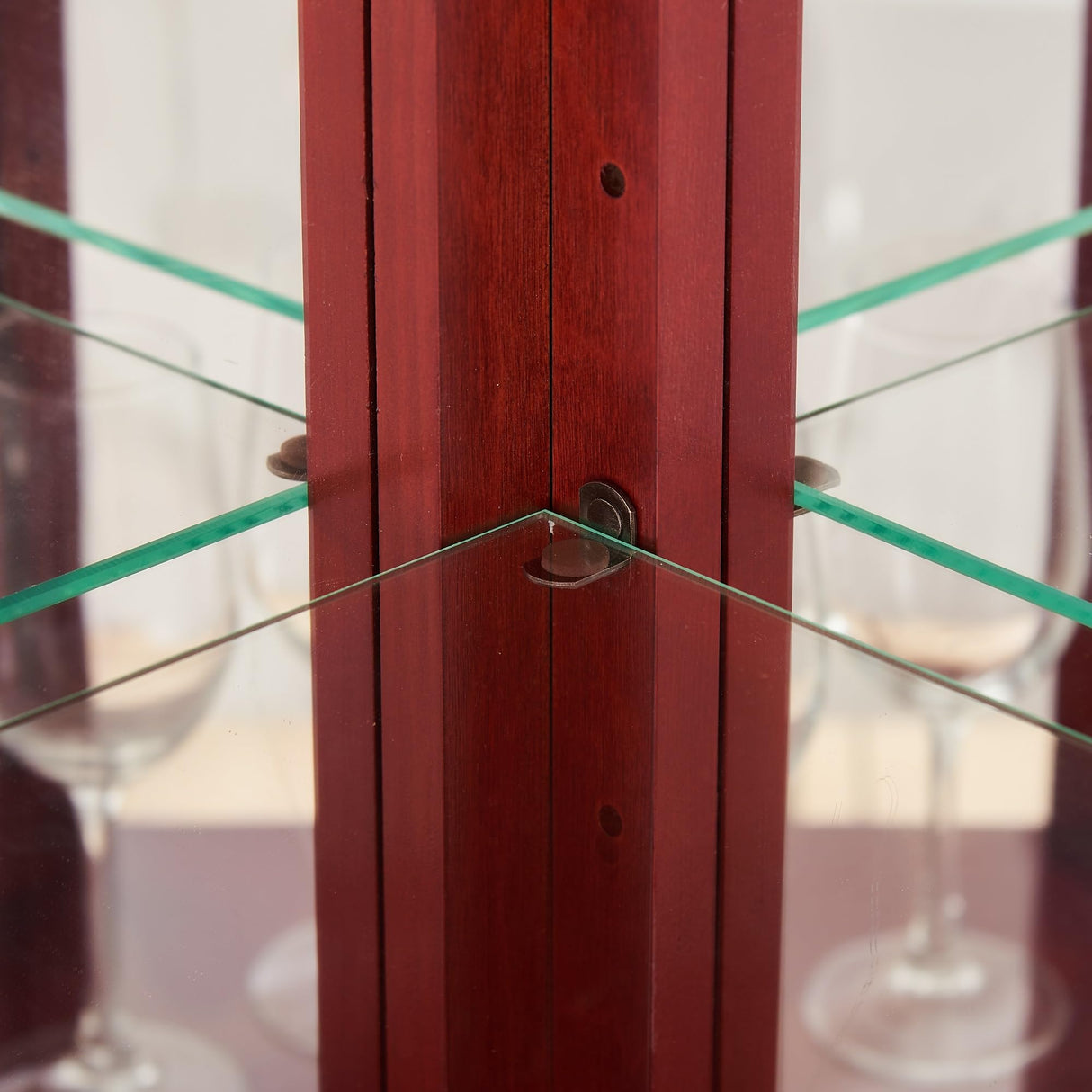 QSOSTNS Lighted Corner Display Curio Cabinet, Curved Wood Corner Cabinet with Tempered Glass Doors and Shelves for Living Room (Cherry) QSOSTNS