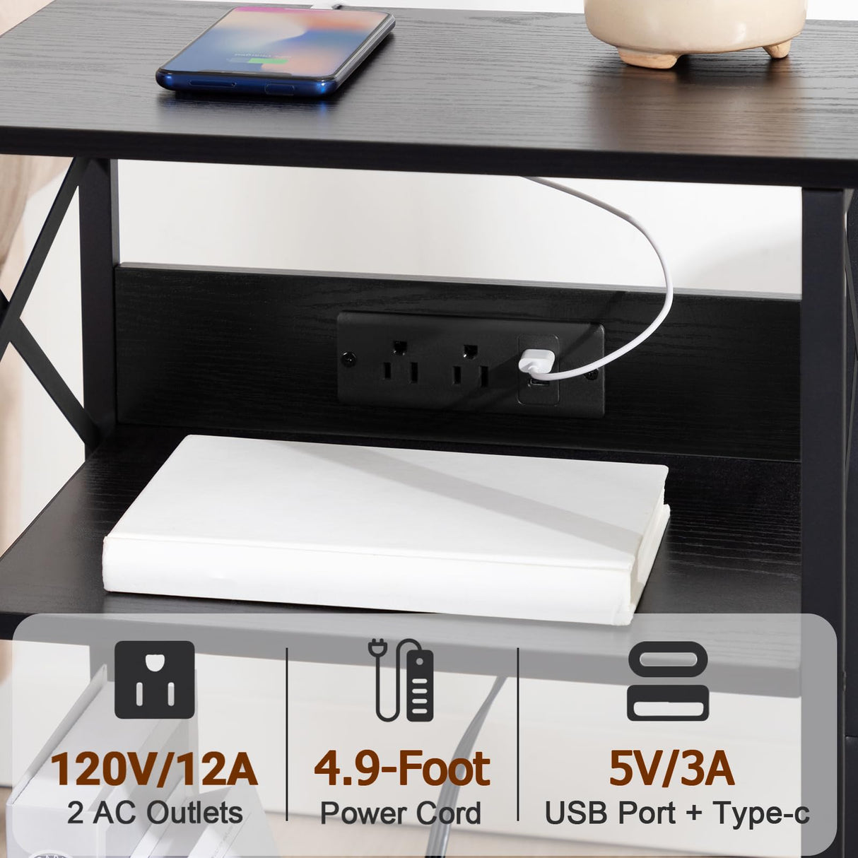 AMHANCIBLE Record Player Stand with Charging Station, Turntable Stand with Storage Cabinet, 3 Tier End Table Hold Up to 100 Albums, Record Stand for Vinyl, Living Room, Black, HETCD01BK-1 AMHANCIBLE