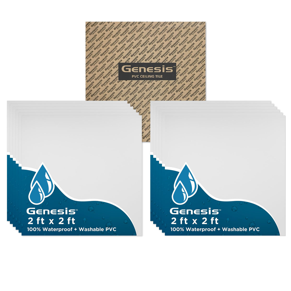 Genesis 2ft x 2ft Smooth Pro White Ceiling Tiles - Easy Drop-in Installation – Waterproof, Washable and Fire-Rated - High-Grade PVC to Prevent Breakage - Package of 12 Tiles Genesis