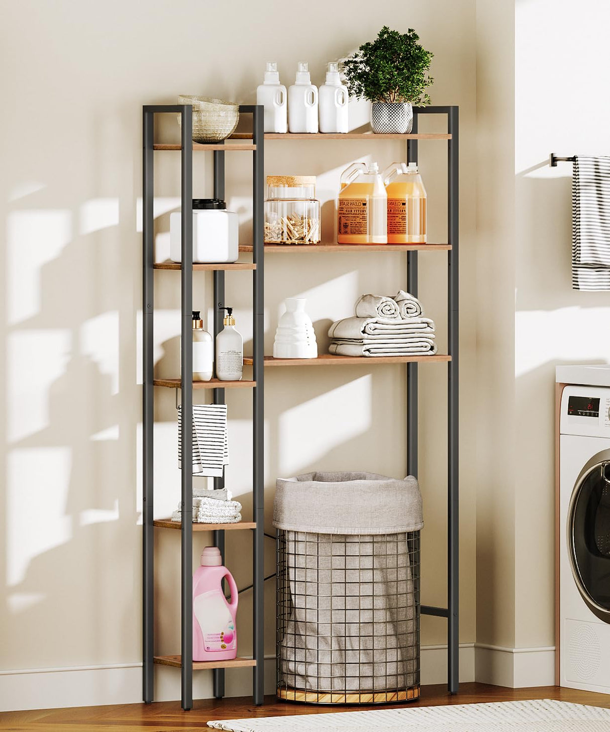 HOOBRO 8-Tier Over The Toilet Storage, Freestanding Bathroom Organizer Space Saver, Mass-Storage Side Storage Open Rack, for Bathroom, Living Room, Laundry, Rustic Brown and Black BF86TS01 HOOBRO