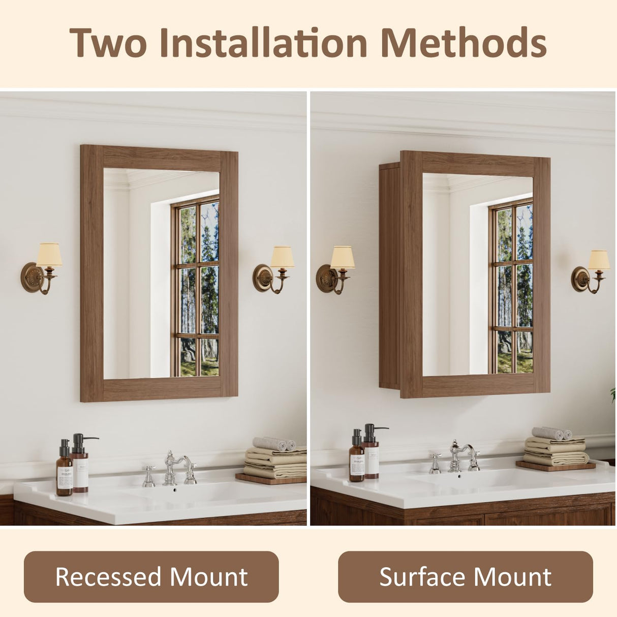 24 x 30 Inch Walnut Grain Medicine Cabinet with Mirror, Recessed or Wall-Mounted Wood Storage Cabinet for Bathroom, Adjustable Shelves, Soft-Close Hinges, Rectangle Buruis