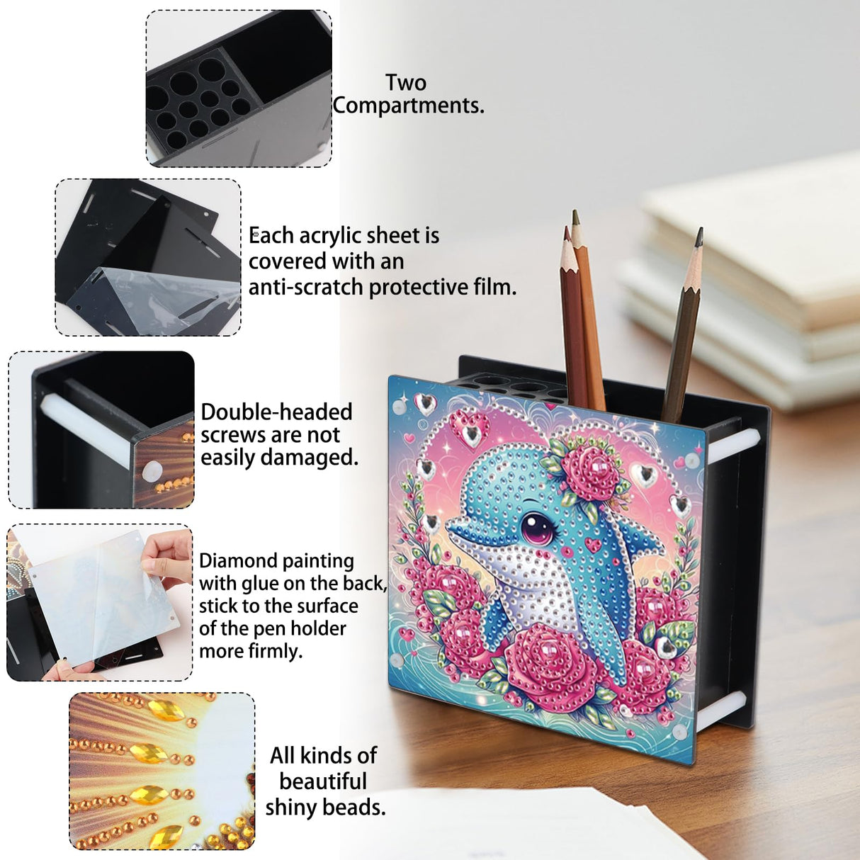 Tontut DIY Diamond Painting Kit,Rose Dolphin Special Shape diamond painting pen holder, Acrylic Daily Office Desktop Decoration Storage Item Tontut