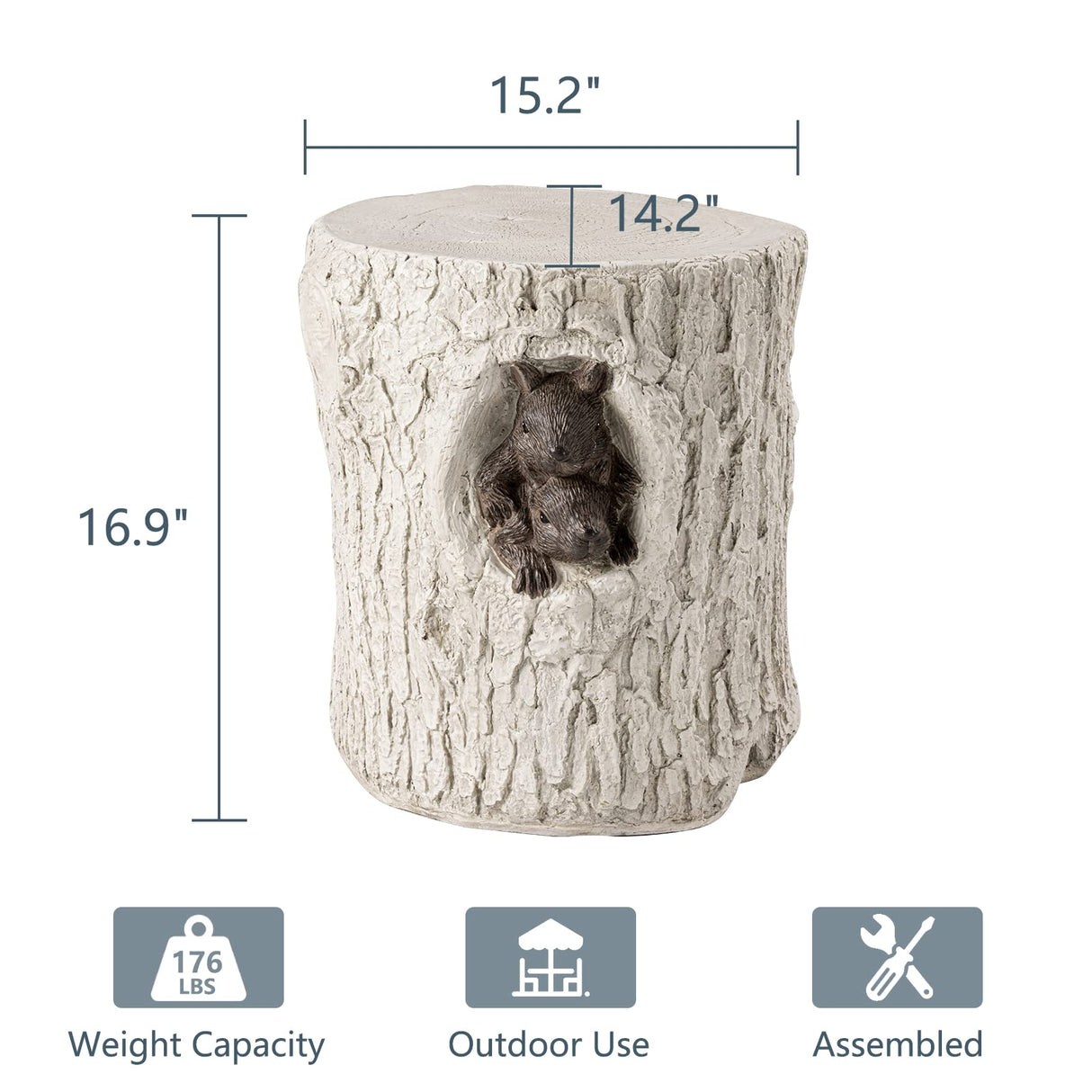 COSIEST Outdoor Antique Beige Side Table Faux Wood, Hand-Painted Wood Stump Stool w Sculpted Squirrel, Outdoor Accent Table, Ottomans, Plant Stand, Deck or Garden COSIEST