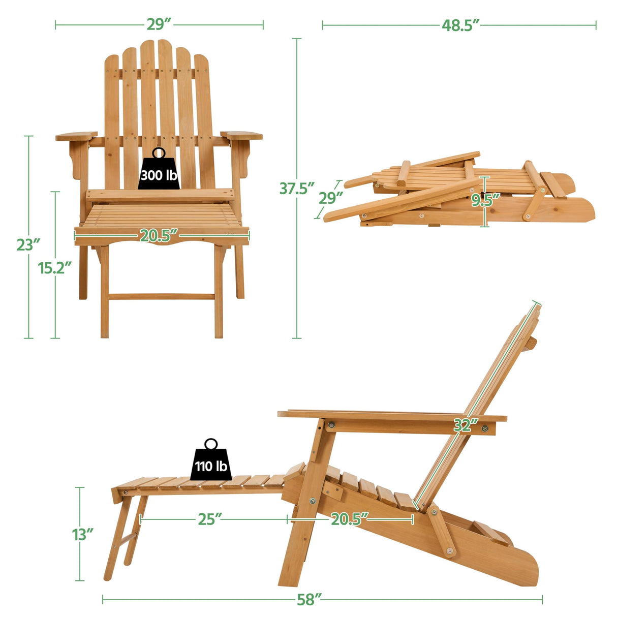 Yaheetech Folding Adirondack Chair with Retractable Ottoman 300lb Solid Wood Garden Chair, Fire Pit Lounge Chairs Weather Resistant Furniture for Garden/Yard/Patio/Lawn, Set of 1 Yaheetech