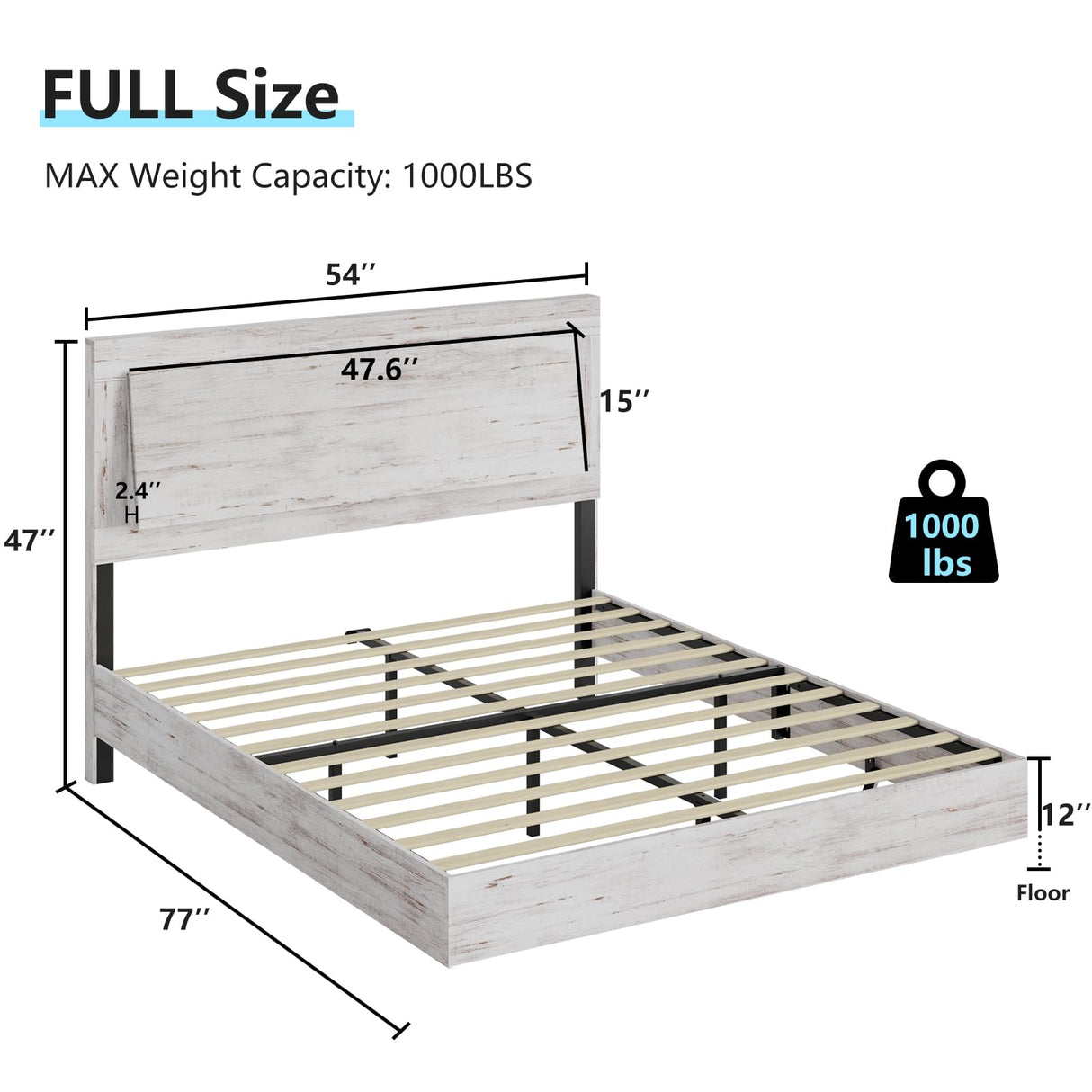 LUXOAK Full Size Floating Platform Bed Frame with LED Light, Farmhouse Bed Frame with Headboard/No Box Spring Needed/Noise Free/Easy Assembly, Distressed White LUXOAK