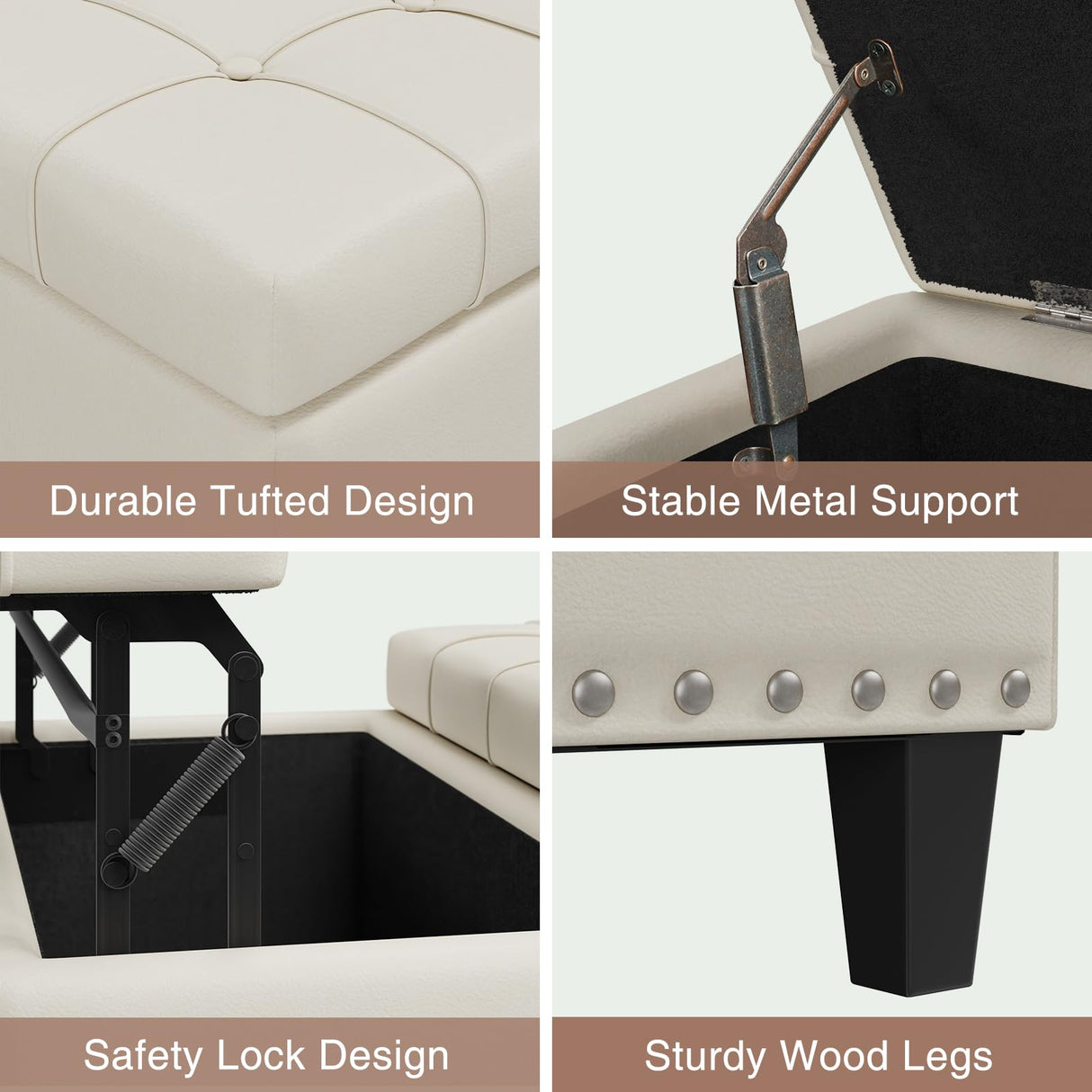 FiveWillowise Tufted Square Ottoman Coffee Table with Storage, Leather Upholstered Cube Storage Ottoman, Oversized Footrest Stool Toy Box Storage for Livingroom Bedroom, Ivory White FiveWillowise