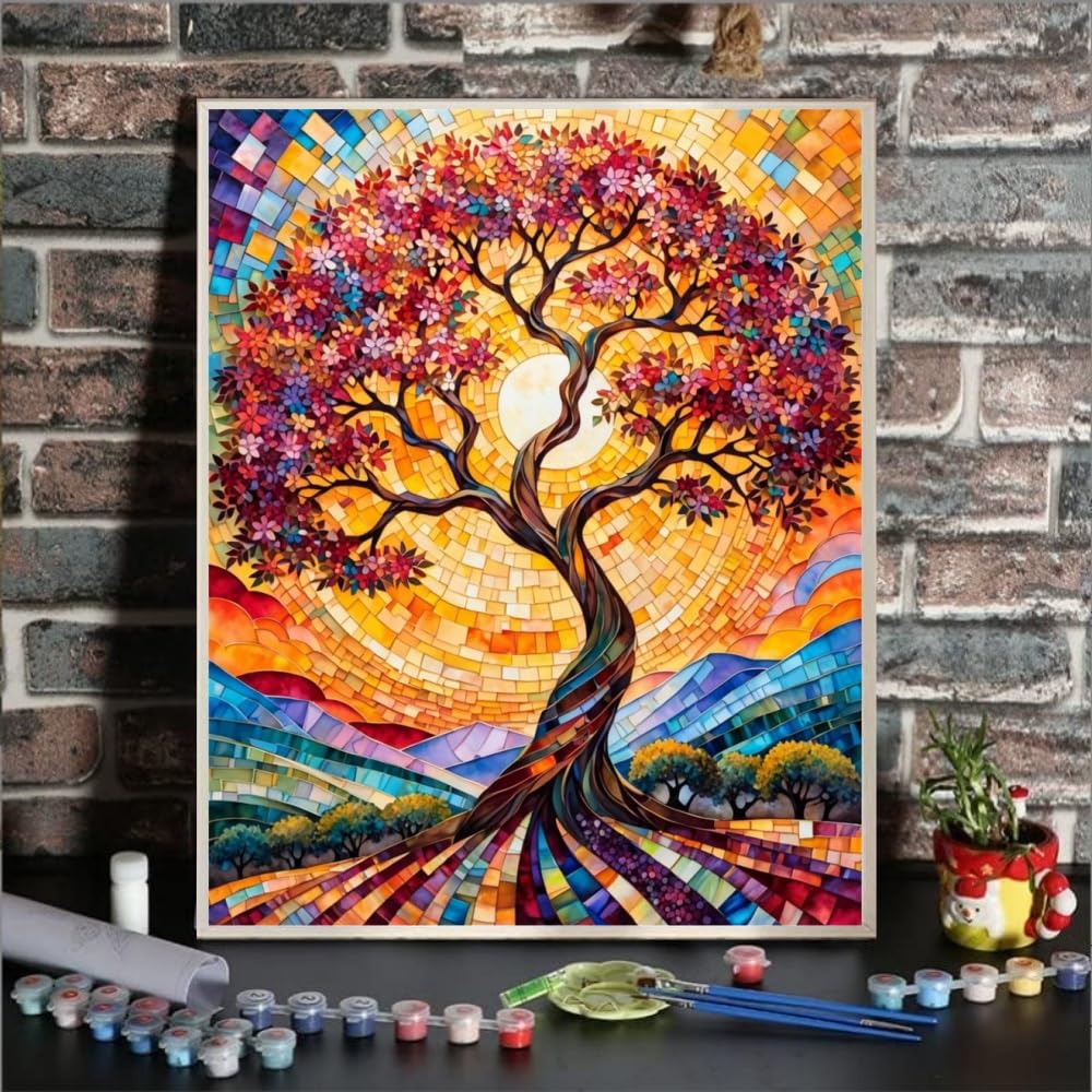 ldazao Tree of Life Abstract Paint by Numbers Kit for Adults Stained Glass Paint-by-Number Kits On Canvas Without Frame DIY Adult Trees Oil Painting for Gift Home Wall Decor 16 X 20 Inch ldazao