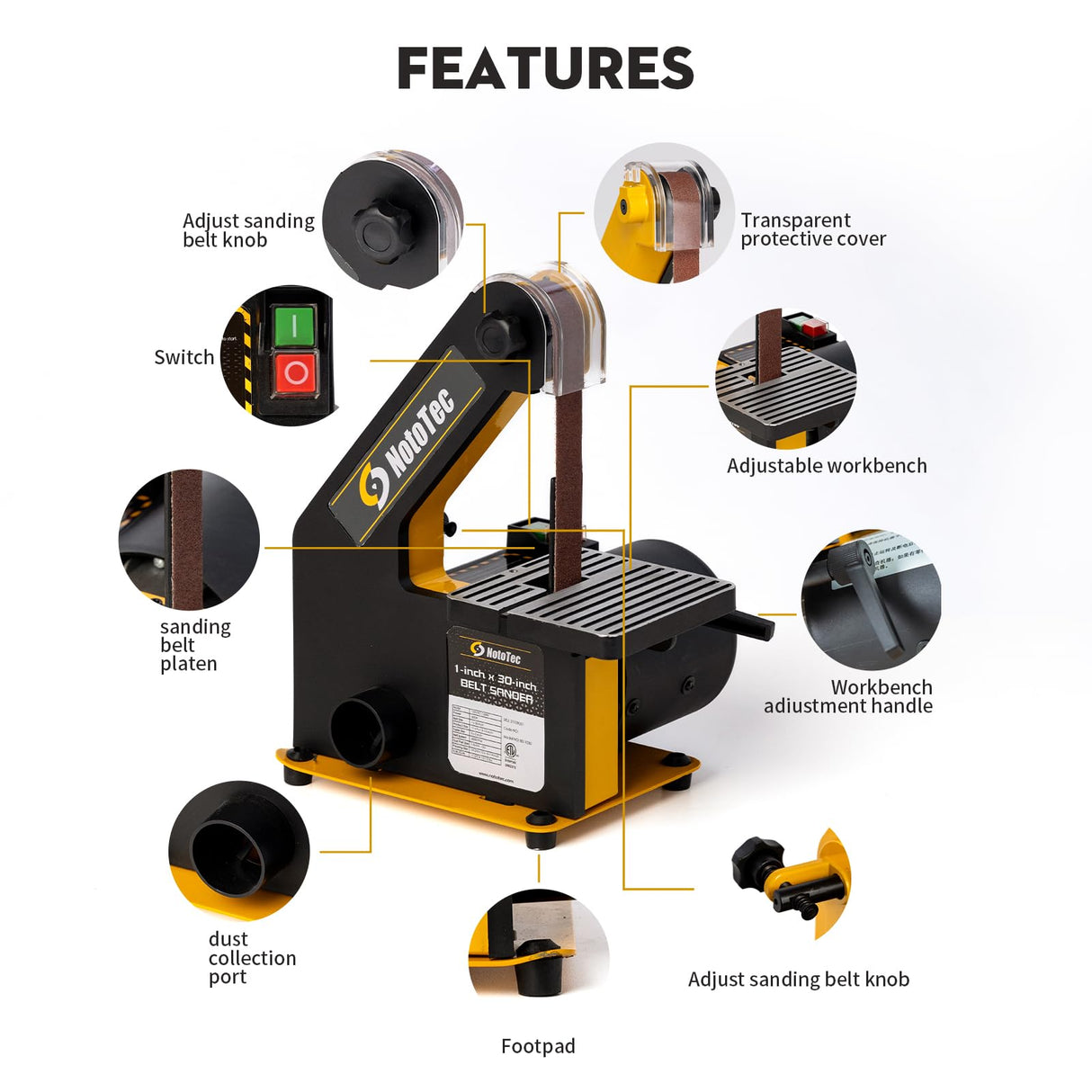 Nototec 1 x 30 inch Belt Sander for Woodworking, Powerful Bench Belt Sander For Metal Working with 1/3HP motor, 10A Belt Grinder nototec