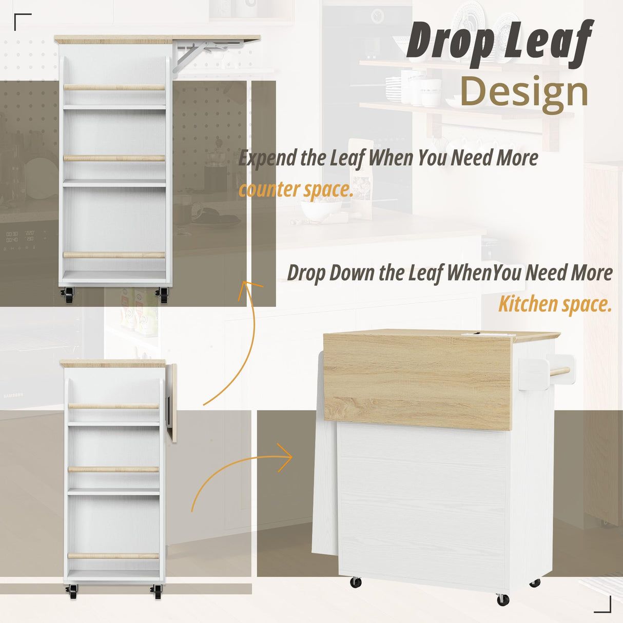 IRONCK Kitchen Island Table with Storage, Rolling Kitchen Cart with Power Outlet, Storage Cabinets on Wheels with Drop Leaf, Portable for Dining Room, White IRONCK