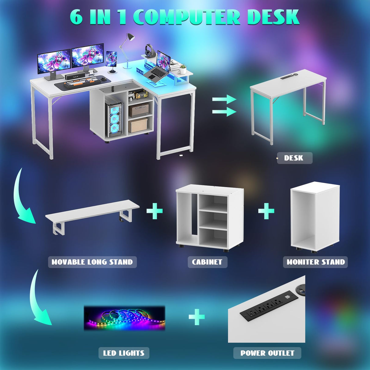 Cyclysio L Shaped Gaming Desk with Wood Cabinet, 58" Large Corner Desk with LED Lights & Power Outlet, Reversible Computer Desk with Monitor Stand, Home Office Desk 2 Person Corner Desk, White Cyclysio