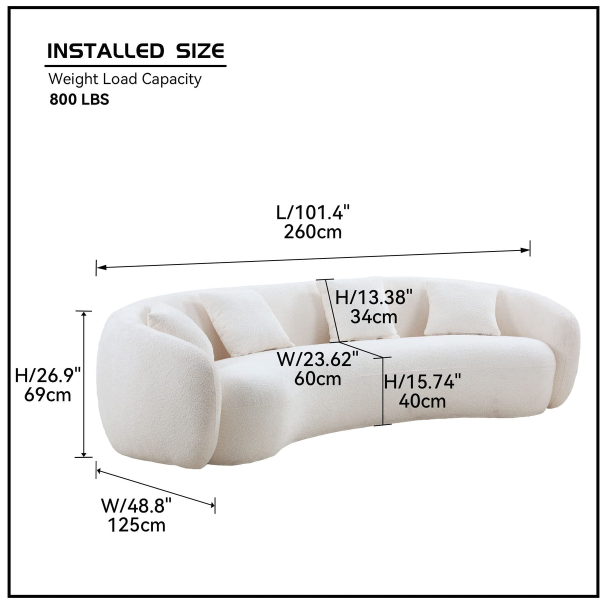KEIKI 103" Boucle Half Moon Curved Sectional Sofa with 4 Throw Pillows, Modern Style 5-Seater Teddy Fleece Leisure Couch with Curved Backrest, Easy Assembly, for Apartment, Living Room, Bedroom, White KEIKI