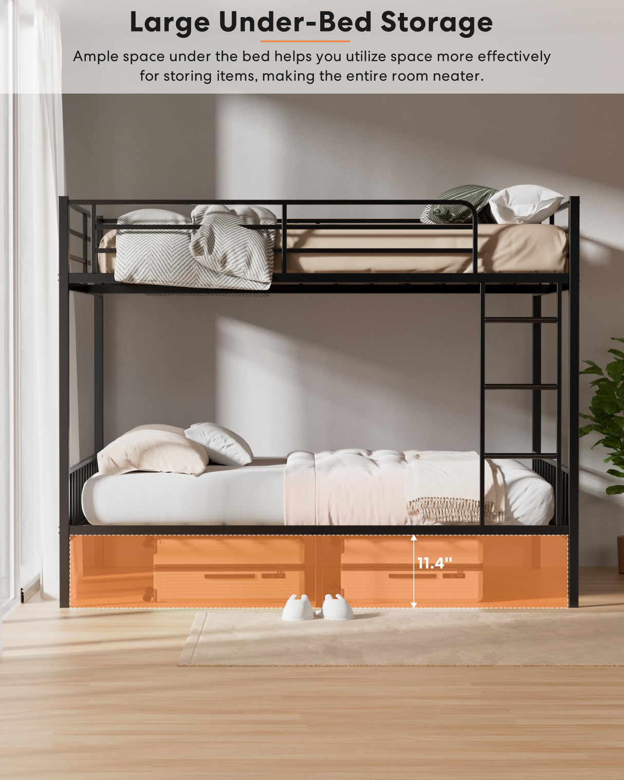 Feetice Queen Over Queen Bunk Bed, Heavy Duty Metal Bunk Bed with PVC Anti-Slip Ladder & Full-Length Guardrails, Noise-Free Bunk Bed Frame for Adults, Teens, Black Feetice